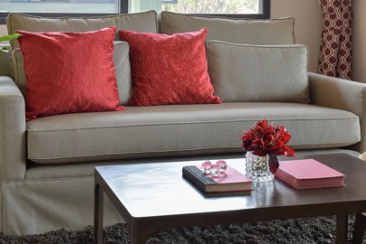 comfortable-sofa-with-red-pillows-and-red-book-on-teble